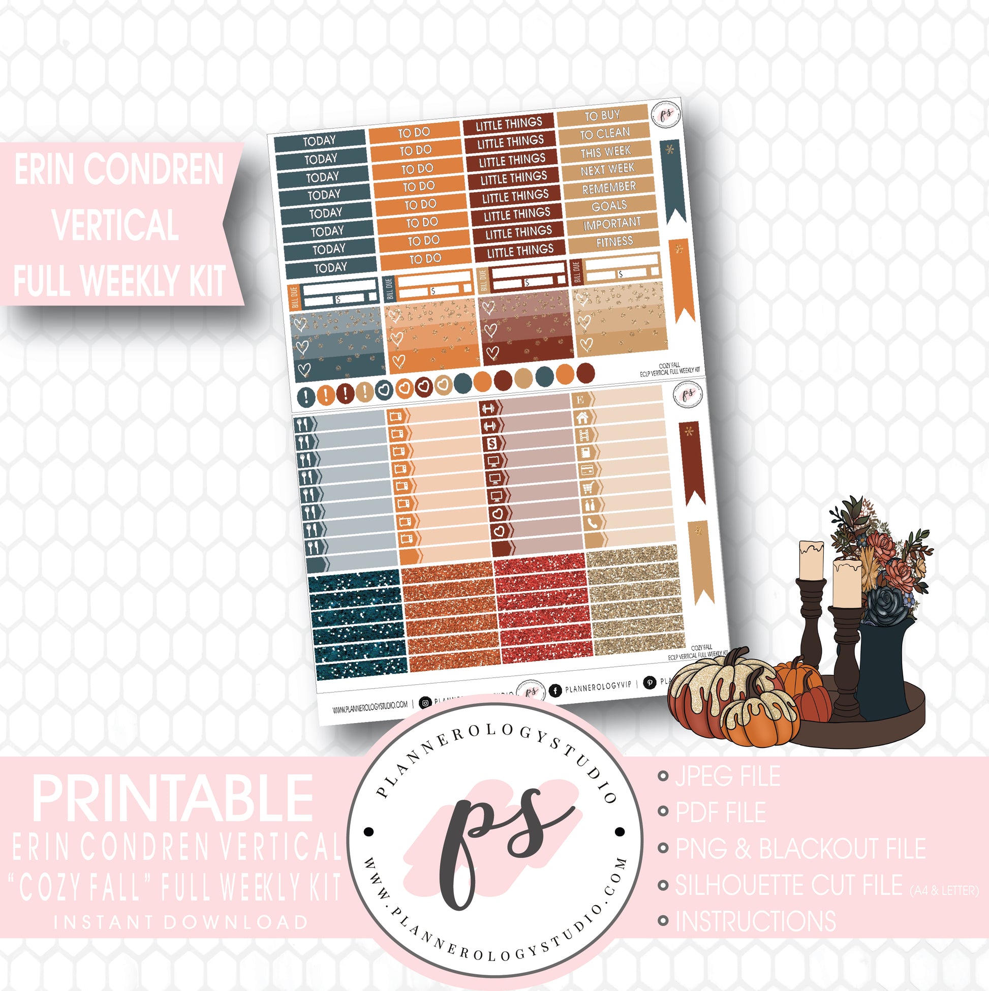 Cozy Fall Full Weekly Kit Printable Planner Stickers (for use with Erin Condren Vertical) - Plannerologystudio