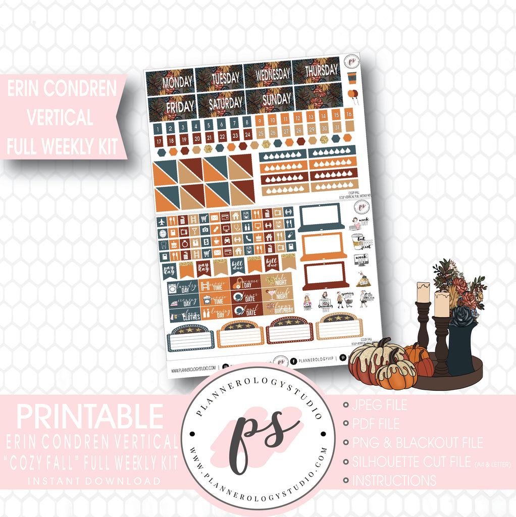 Cozy Fall Full Weekly Kit Printable Planner Stickers (for use with Erin Condren Vertical) - Plannerologystudio