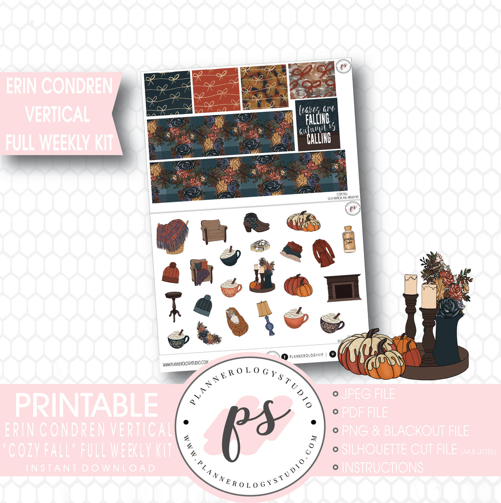Cozy Fall Full Weekly Kit Printable Planner Stickers (for use with Erin Condren Vertical) - Plannerologystudio