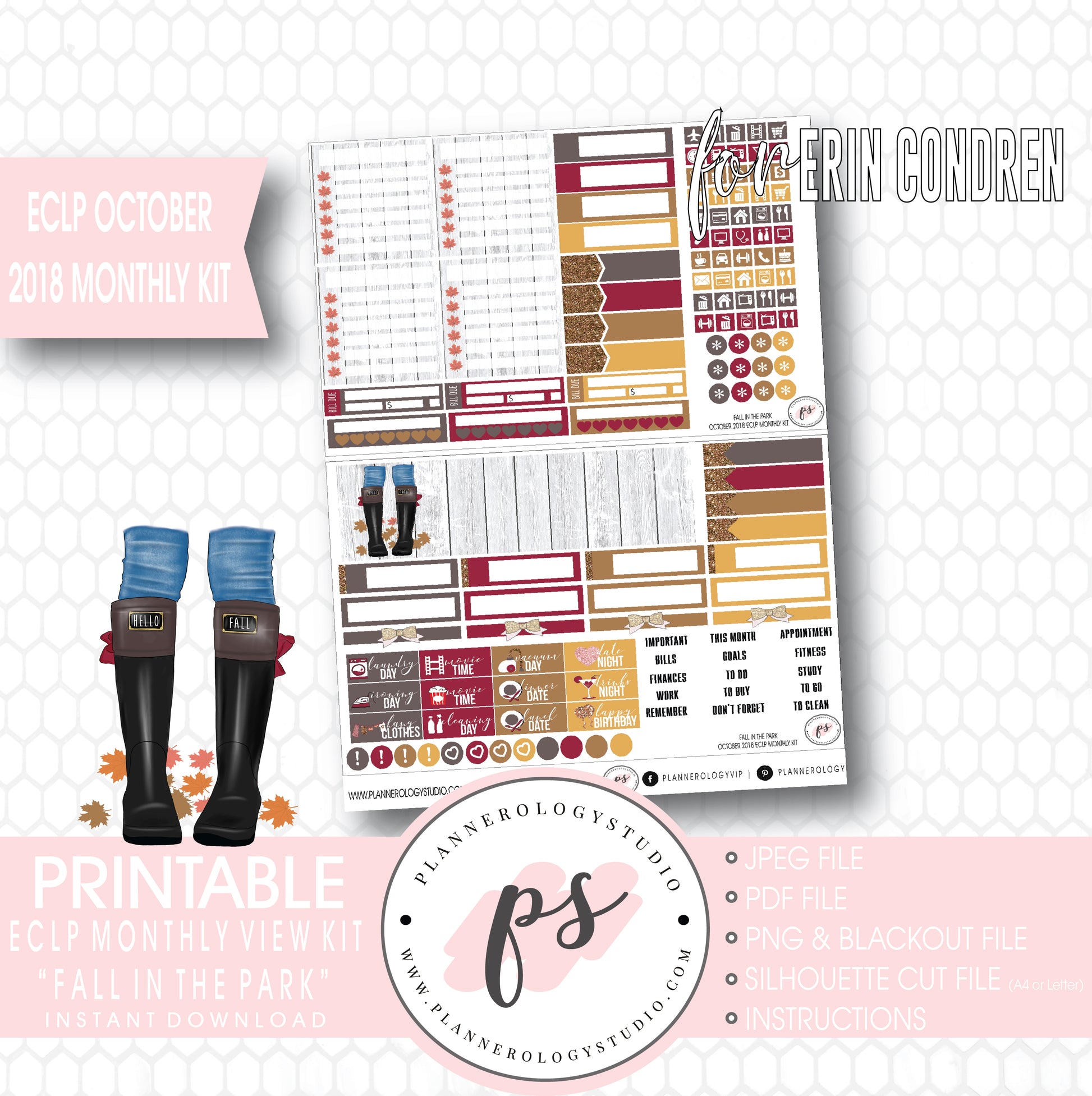 Fall in the Park October 2018 Monthly View Kit Digital Printable Planner Stickers (for use with Erin Condren) - Plannerologystudio
