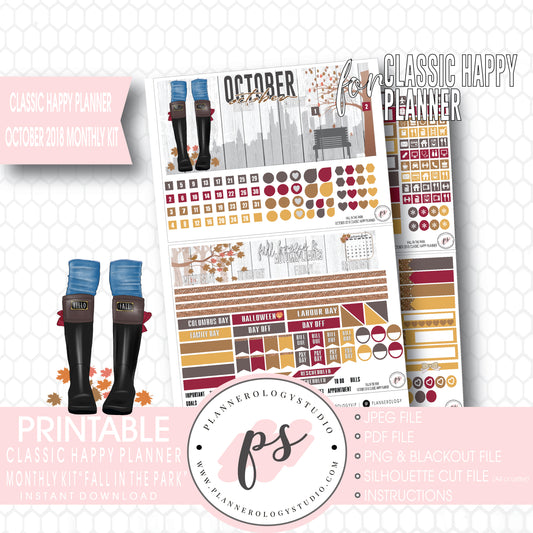 Fall in the Park October 2018 Monthly View Kit Digital Printable Planner Stickers (for use with Classic Happy Planner) - Plannerologystudio