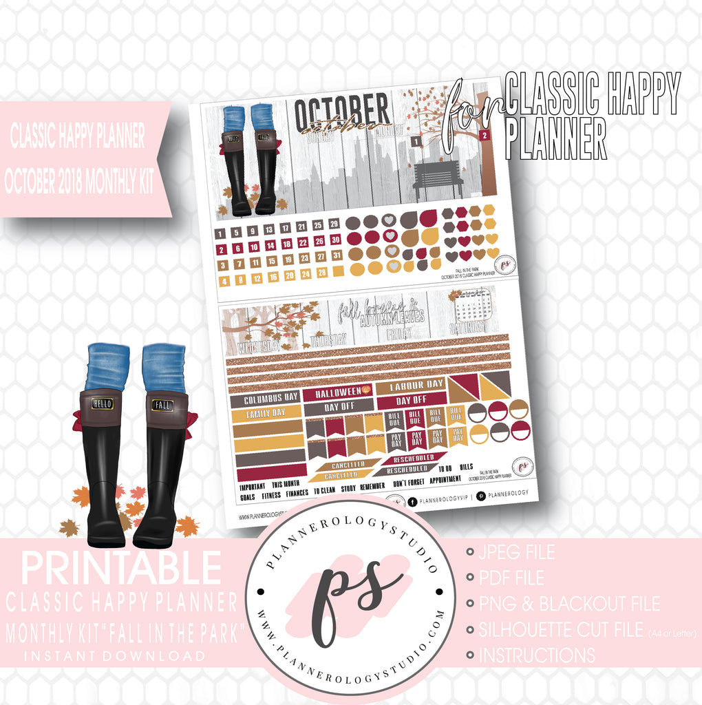 Fall in the Park October 2018 Monthly View Kit Digital Printable Planner Stickers (for use with Classic Happy Planner) - Plannerologystudio