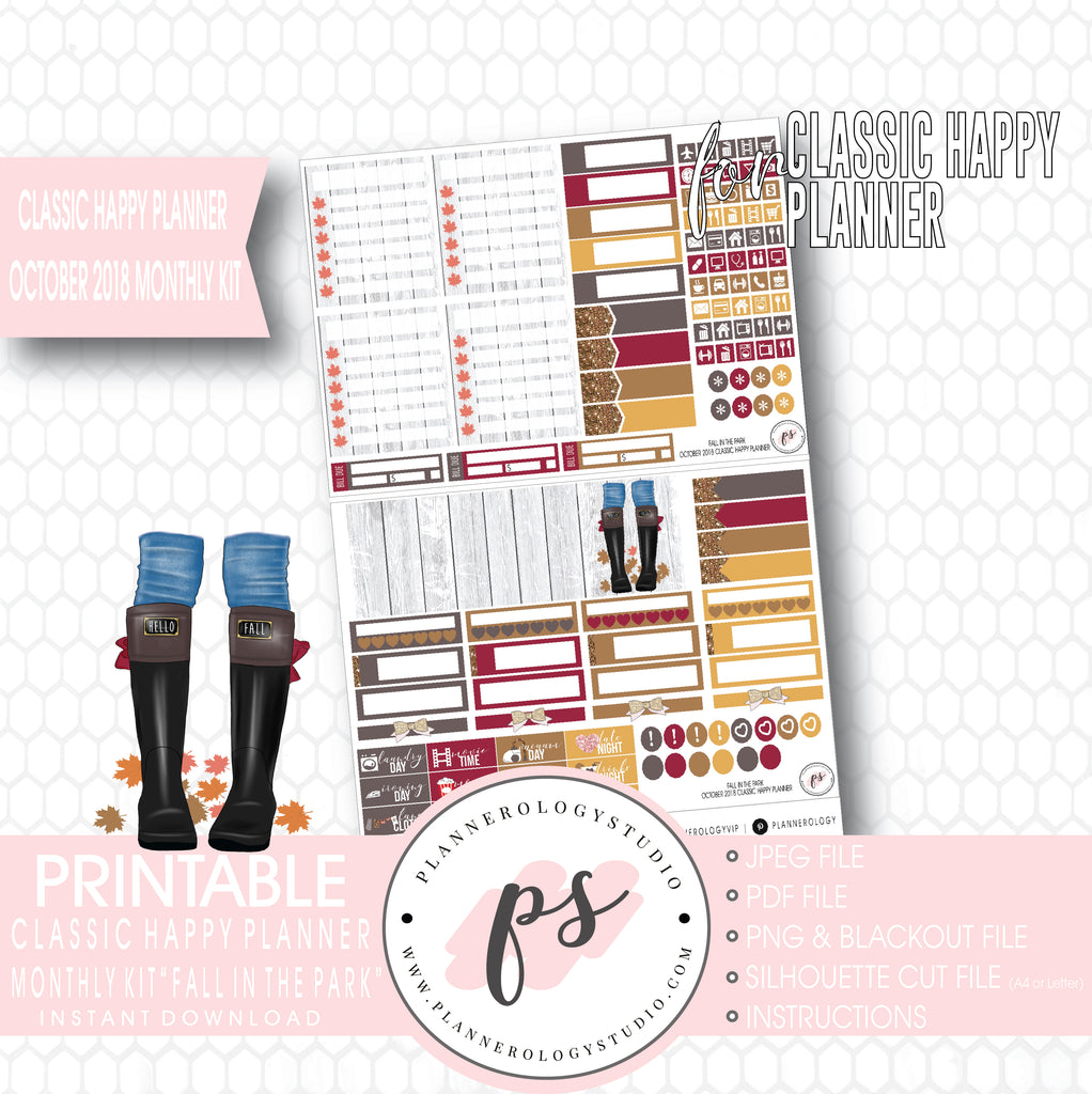 Fall in the Park October 2018 Monthly View Kit Digital Printable Planner Stickers (for use with Classic Happy Planner) - Plannerologystudio