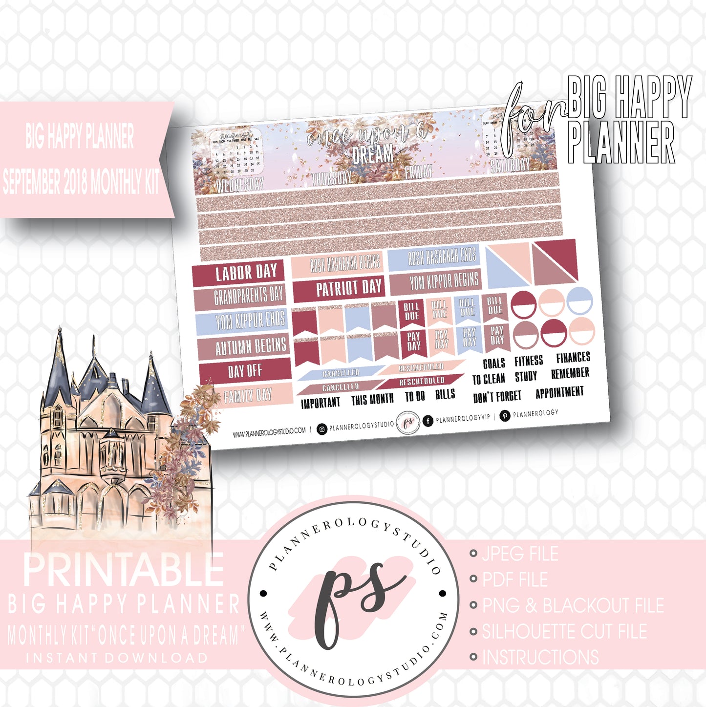 Once Upon a Dream September 2018 Monthly View Kit Digital Printable Planner Stickers (for use with Big Happy Planner) - Plannerologystudio