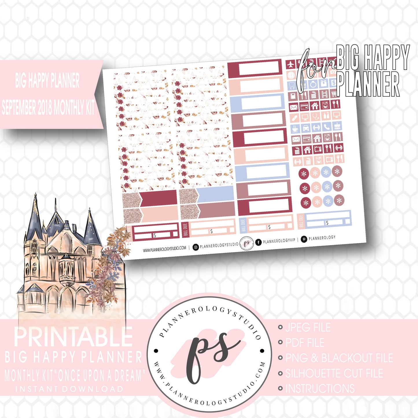 Once Upon a Dream September 2018 Monthly View Kit Digital Printable Planner Stickers (for use with Big Happy Planner) - Plannerologystudio