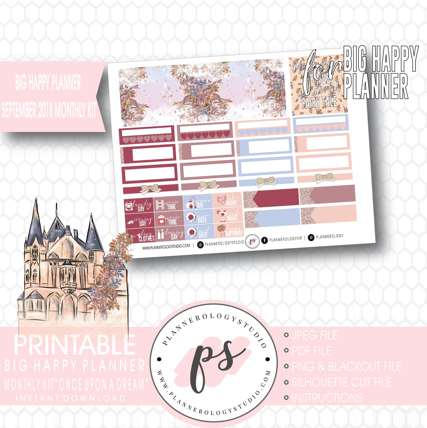 Once Upon a Dream September 2018 Monthly View Kit Digital Printable Planner Stickers (for use with Big Happy Planner) - Plannerologystudio