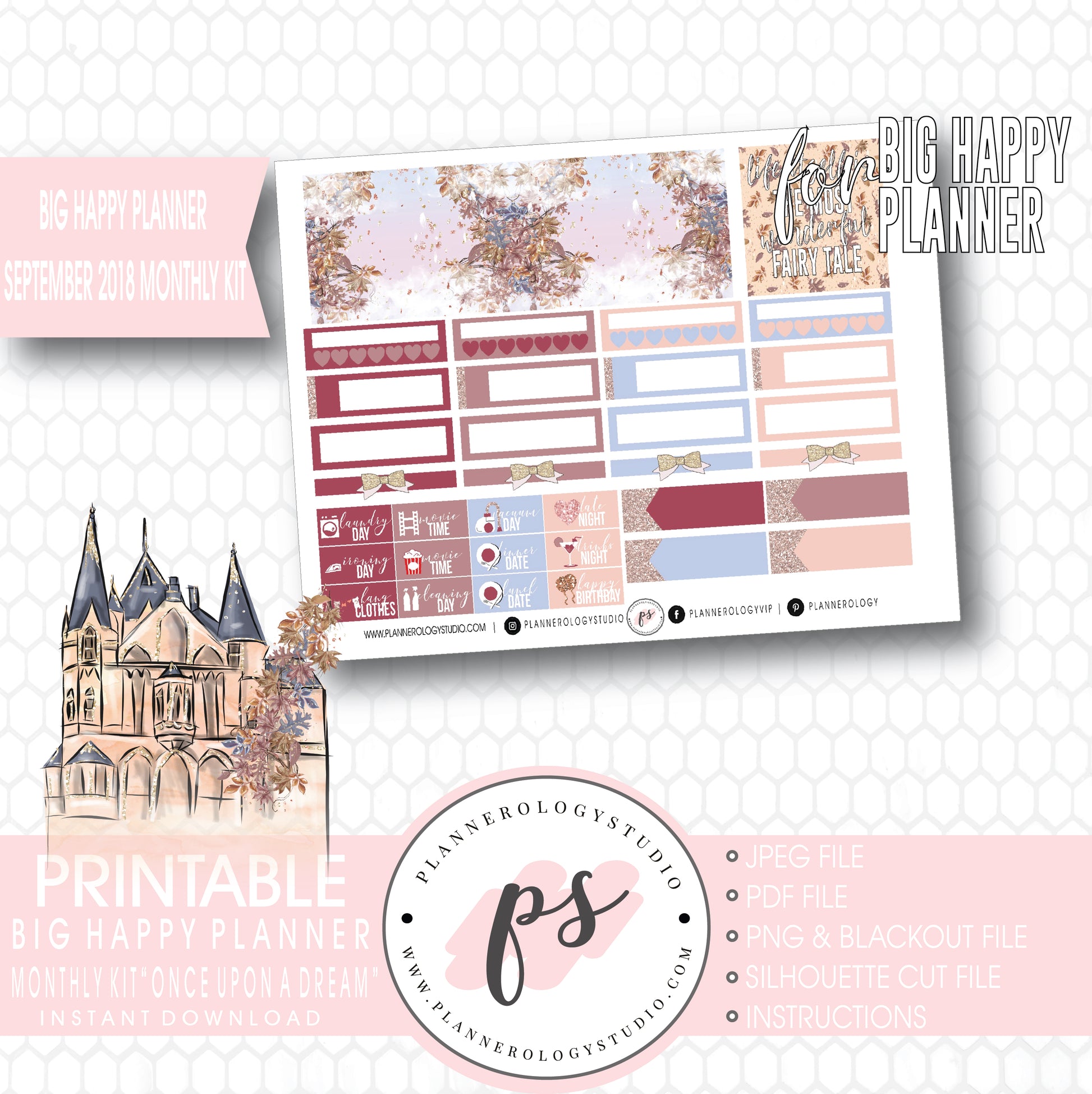 Once Upon a Dream September 2018 Monthly View Kit Digital Printable Planner Stickers (for use with Big Happy Planner) - Plannerologystudio