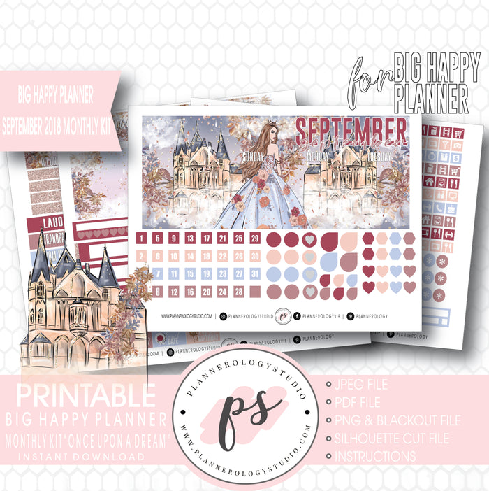 Once Upon a Dream September 2018 Monthly View Kit Digital Printable Planner Stickers (for use with Big Happy Planner) - Plannerologystudio