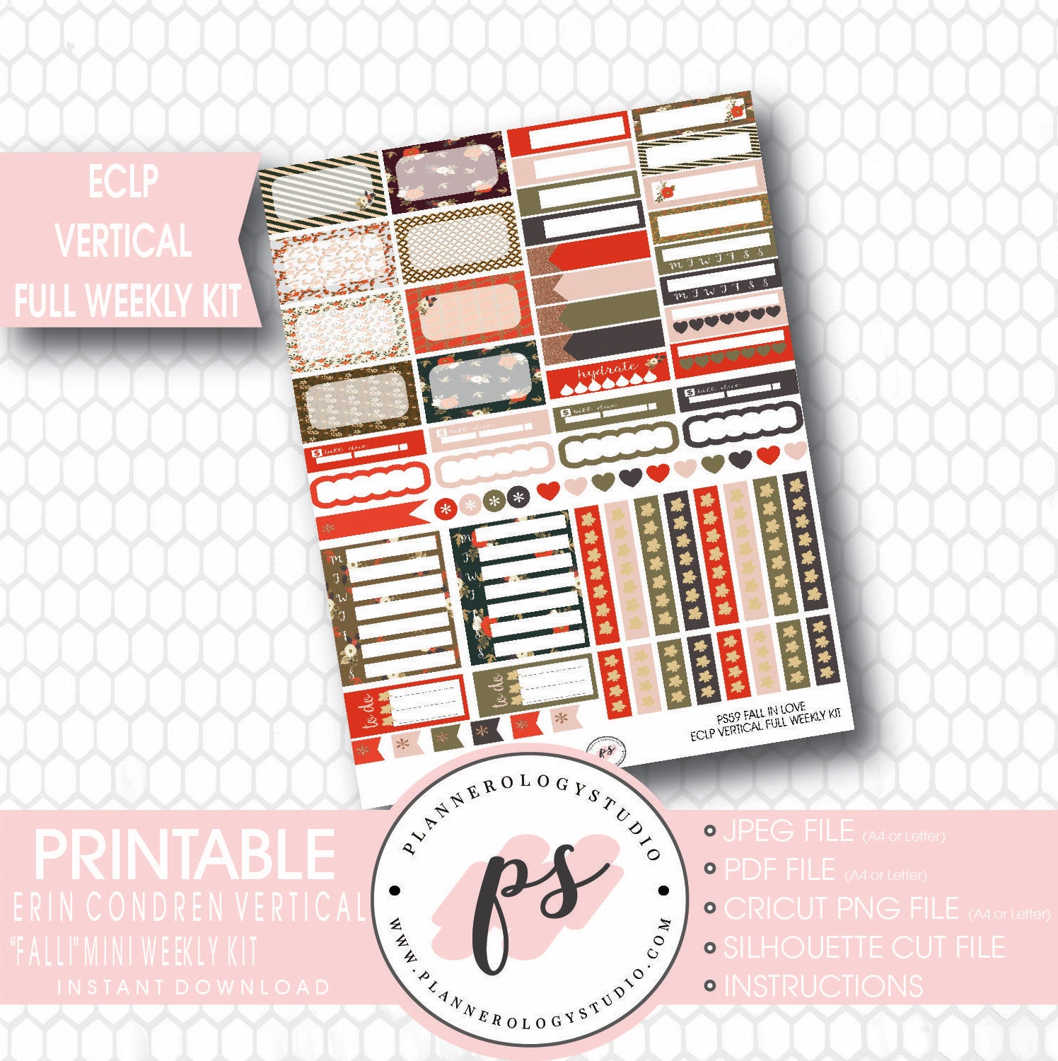 Fall In Love Full Weekly Kit Printable Planner Stickers (for use with ECLP) - Plannerologystudio