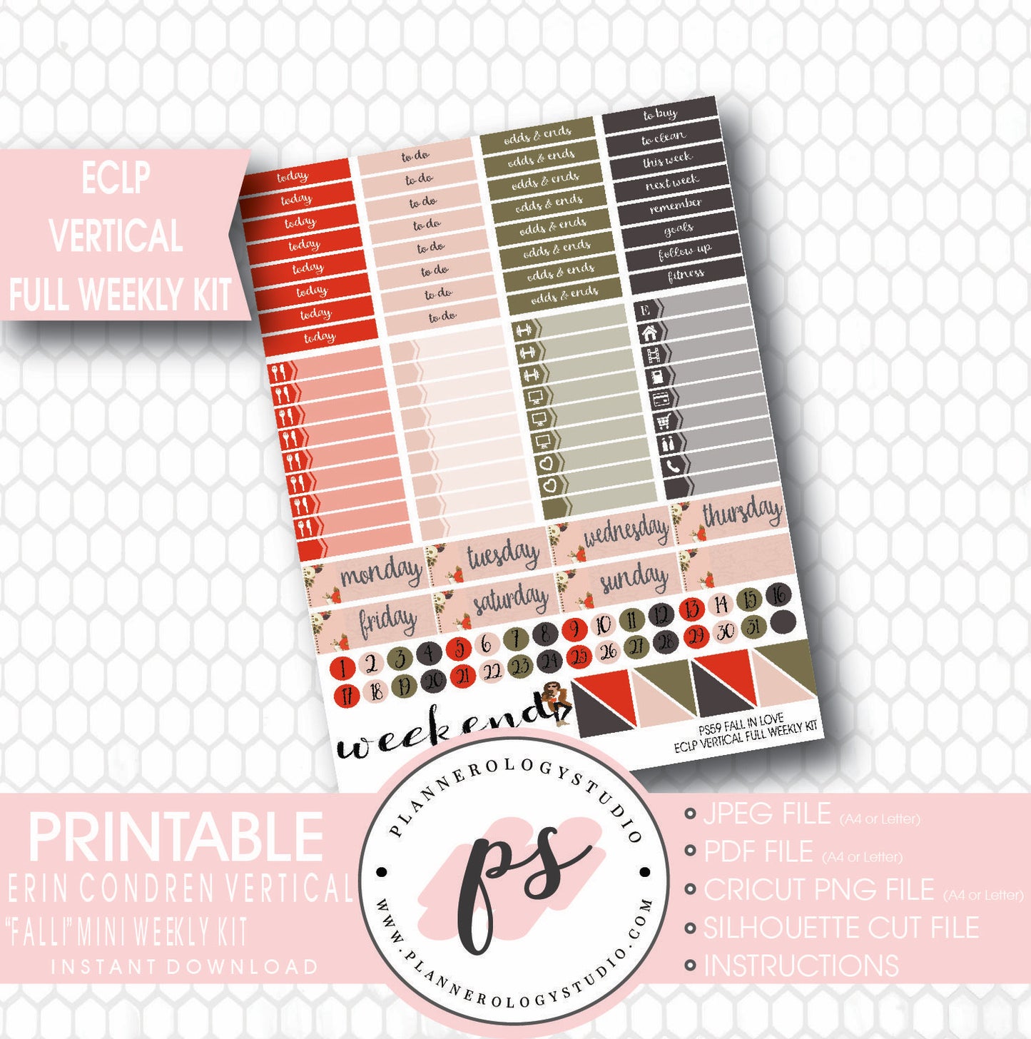 Fall In Love Full Weekly Kit Printable Planner Stickers (for use with ECLP) - Plannerologystudio