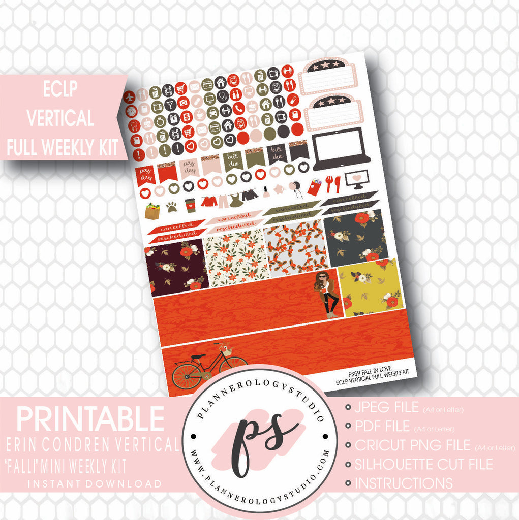 Fall In Love Full Weekly Kit Printable Planner Stickers (for use with ECLP) - Plannerologystudio