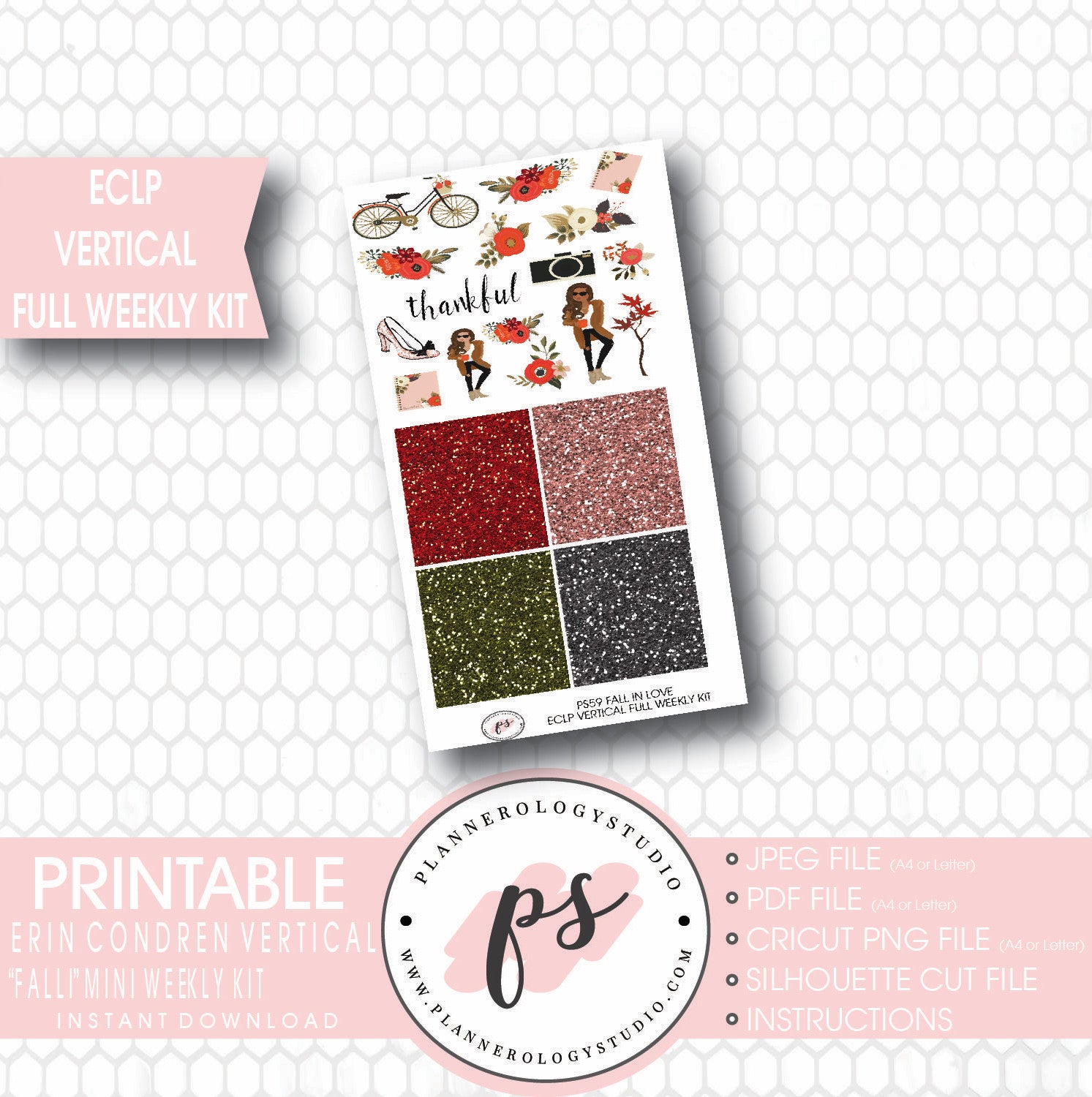 Fall In Love Full Weekly Kit Printable Planner Stickers (for use with ECLP) - Plannerologystudio