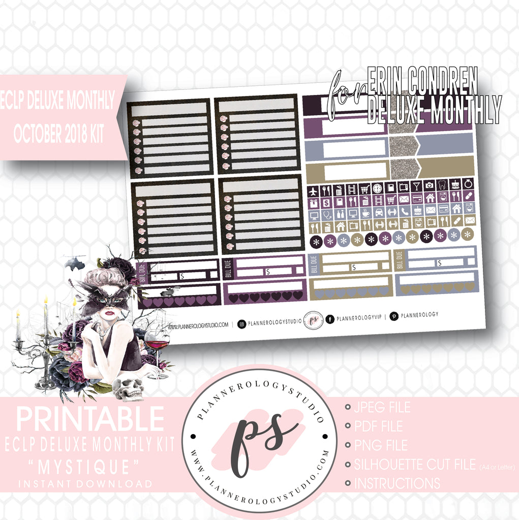 Mystique Halloween October 2018 Monthly View Kit Digital Printable Planner Stickers (for use with Erin Condren Deluxe Monthly Planner) - Plannerologystudio