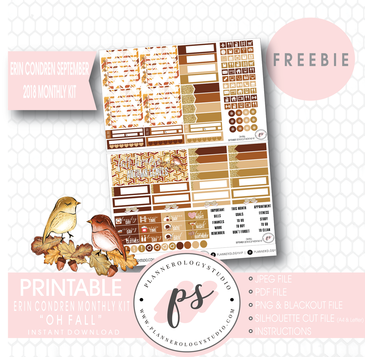 Oh Fall ECLP Erin Condren September 2018 Monthly Kit Digital Printable Planner Stickers (PDF/JPG/PNG/Silhouette Cut File Freebie) - Plannerologystudio