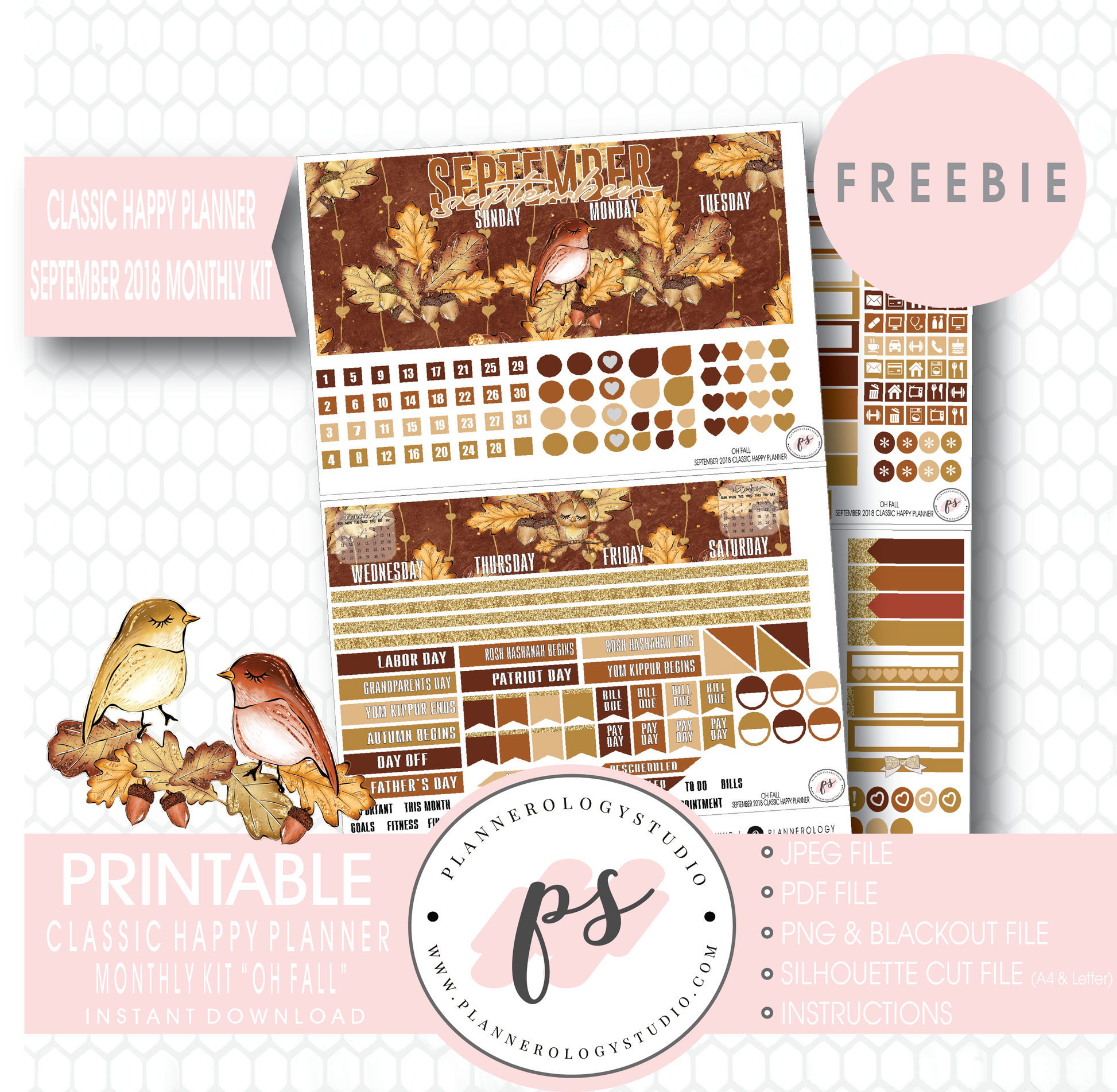 Oh Fall Classic Happy Planner September 2018 Monthly Kit Digital Printable Planner Stickers (PDF/JPG/PNG/Silhouette Cut File Freebie) - Plannerologystudio