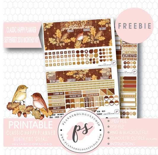 Oh Fall Classic Happy Planner September 2018 Monthly Kit Digital Printable Planner Stickers (PDF/JPG/PNG/Silhouette Cut File Freebie) - Plannerologystudio