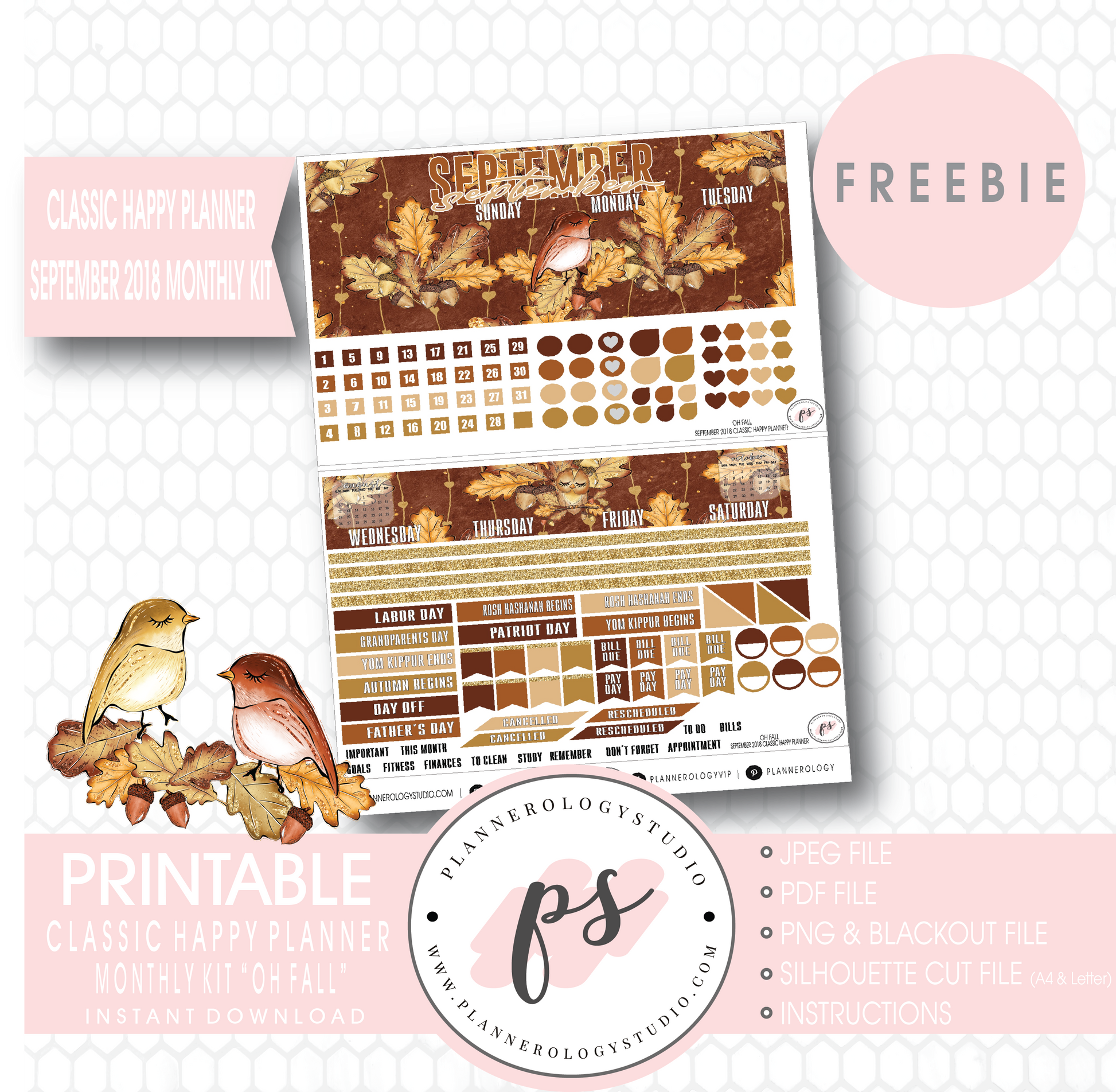 Oh Fall Classic Happy Planner September 2018 Monthly Kit Digital Printable Planner Stickers (PDF/JPG/PNG/Silhouette Cut File Freebie) - Plannerologystudio