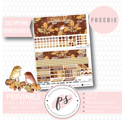 Oh Fall Classic Happy Planner September 2018 Monthly Kit Digital Printable Planner Stickers (PDF/JPG/PNG/Silhouette Cut File Freebie) - Plannerologystudio