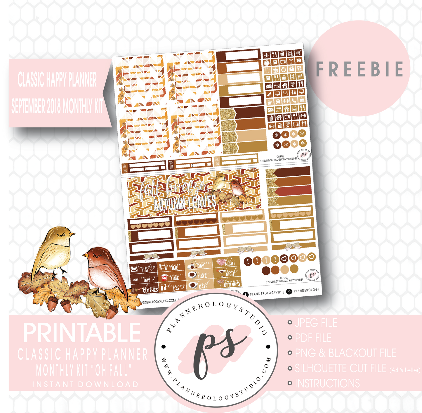 Oh Fall Classic Happy Planner September 2018 Monthly Kit Digital Printable Planner Stickers (PDF/JPG/PNG/Silhouette Cut File Freebie) - Plannerologystudio