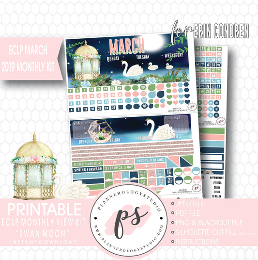 Swan Moon March 2019 Monthly View Kit Digital Printable Planner Stickers (for use with Erin Condren) - Plannerologystudio