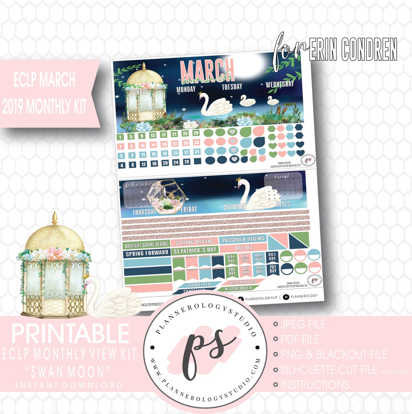 Swan Moon March 2019 Monthly View Kit Digital Printable Planner Stickers (for use with Erin Condren) - Plannerologystudio
