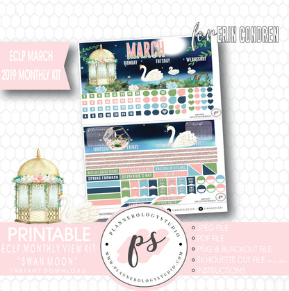 Swan Moon March 2019 Monthly View Kit Digital Printable Planner Stickers (for use with Erin Condren) - Plannerologystudio