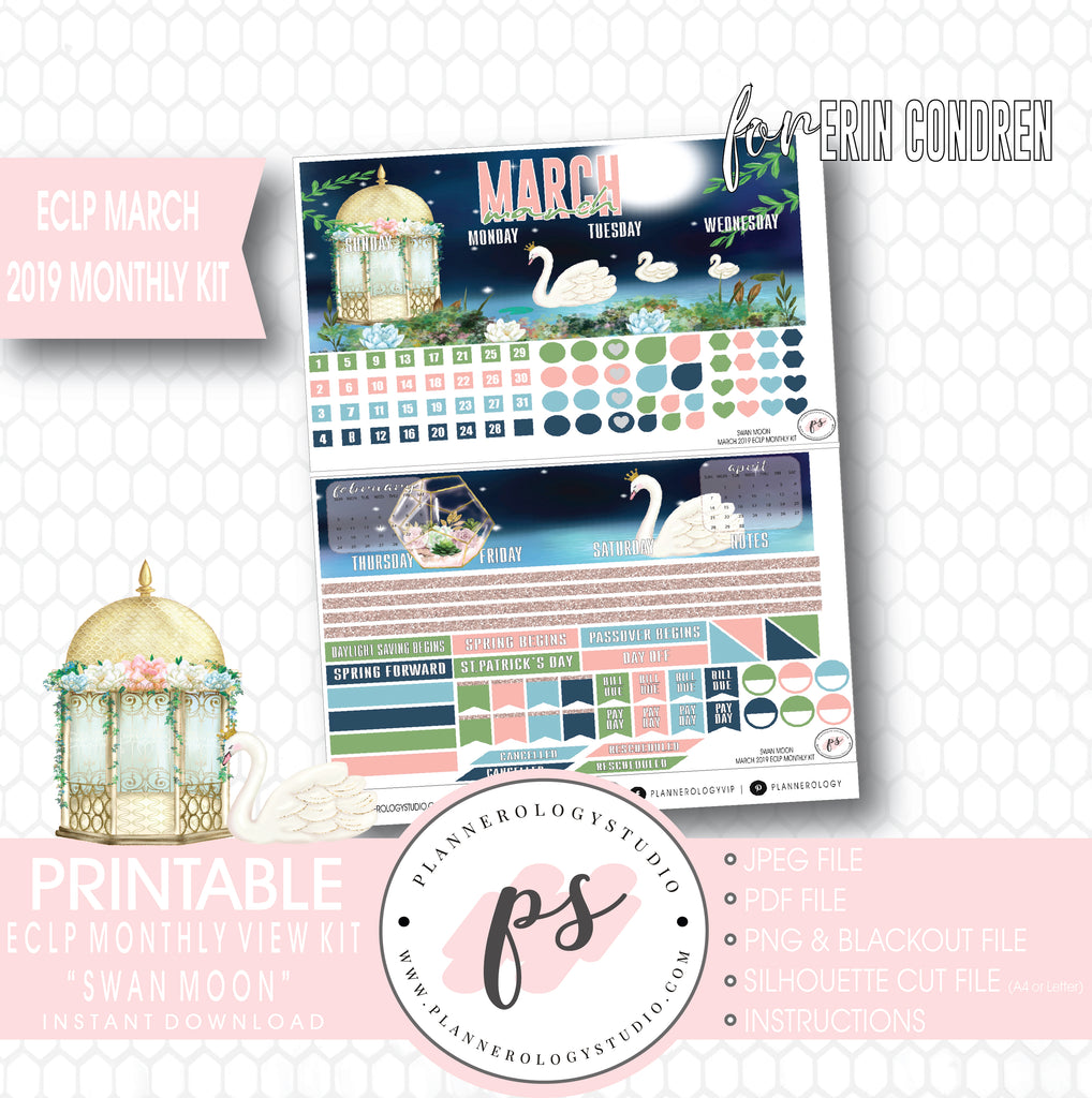 Swan Moon March 2019 Monthly View Kit Digital Printable Planner Stickers (for use with Erin Condren) - Plannerologystudio