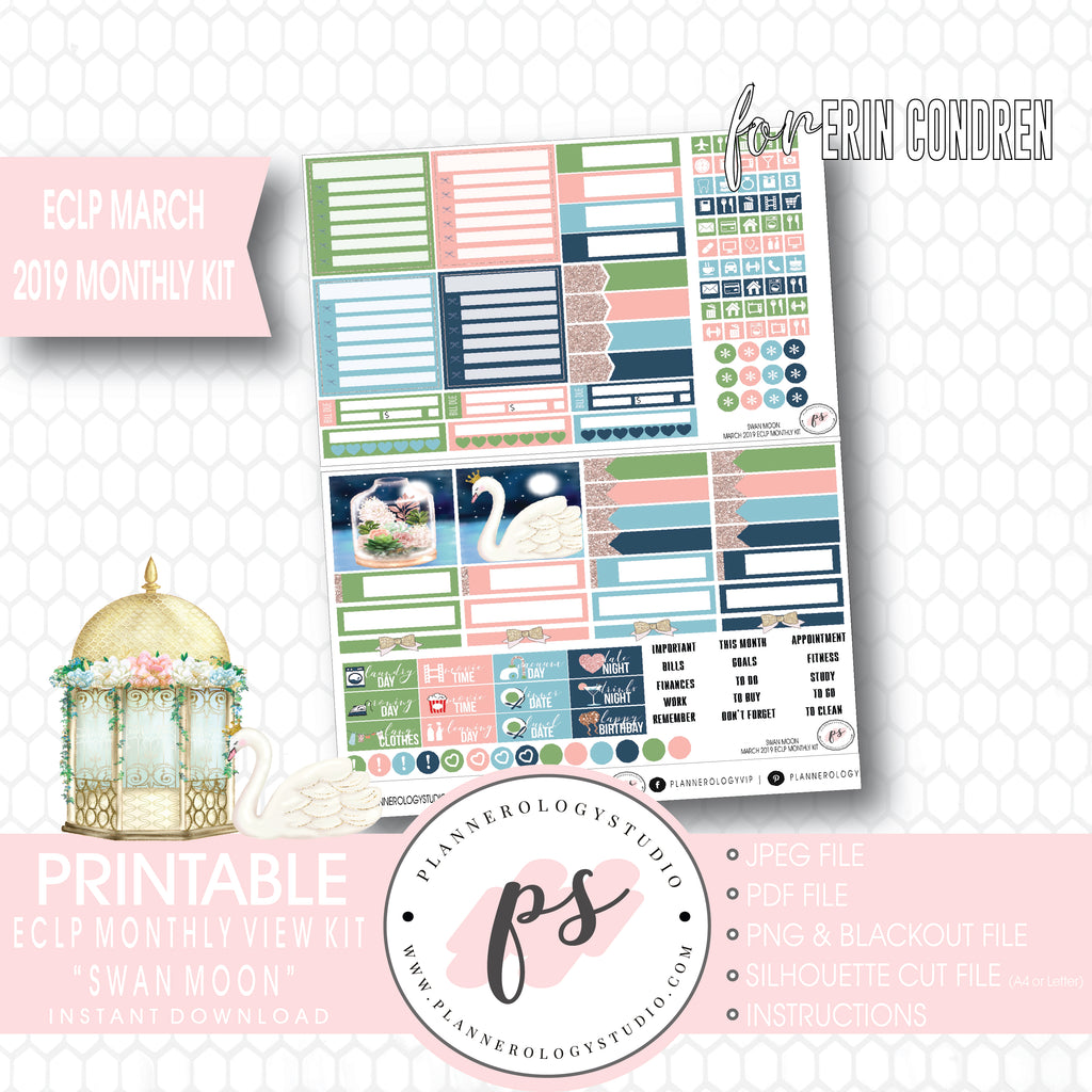 Swan Moon March 2019 Monthly View Kit Digital Printable Planner Stickers (for use with Erin Condren) - Plannerologystudio