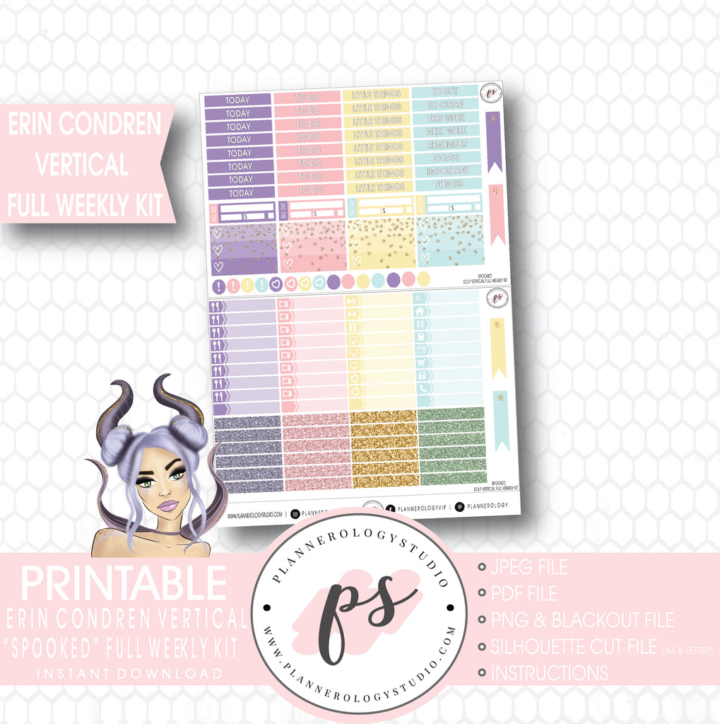 Spooked Halloween Full Weekly Kit Printable Planner Stickers (for use with Erin Condren Vertical) - Plannerologystudio