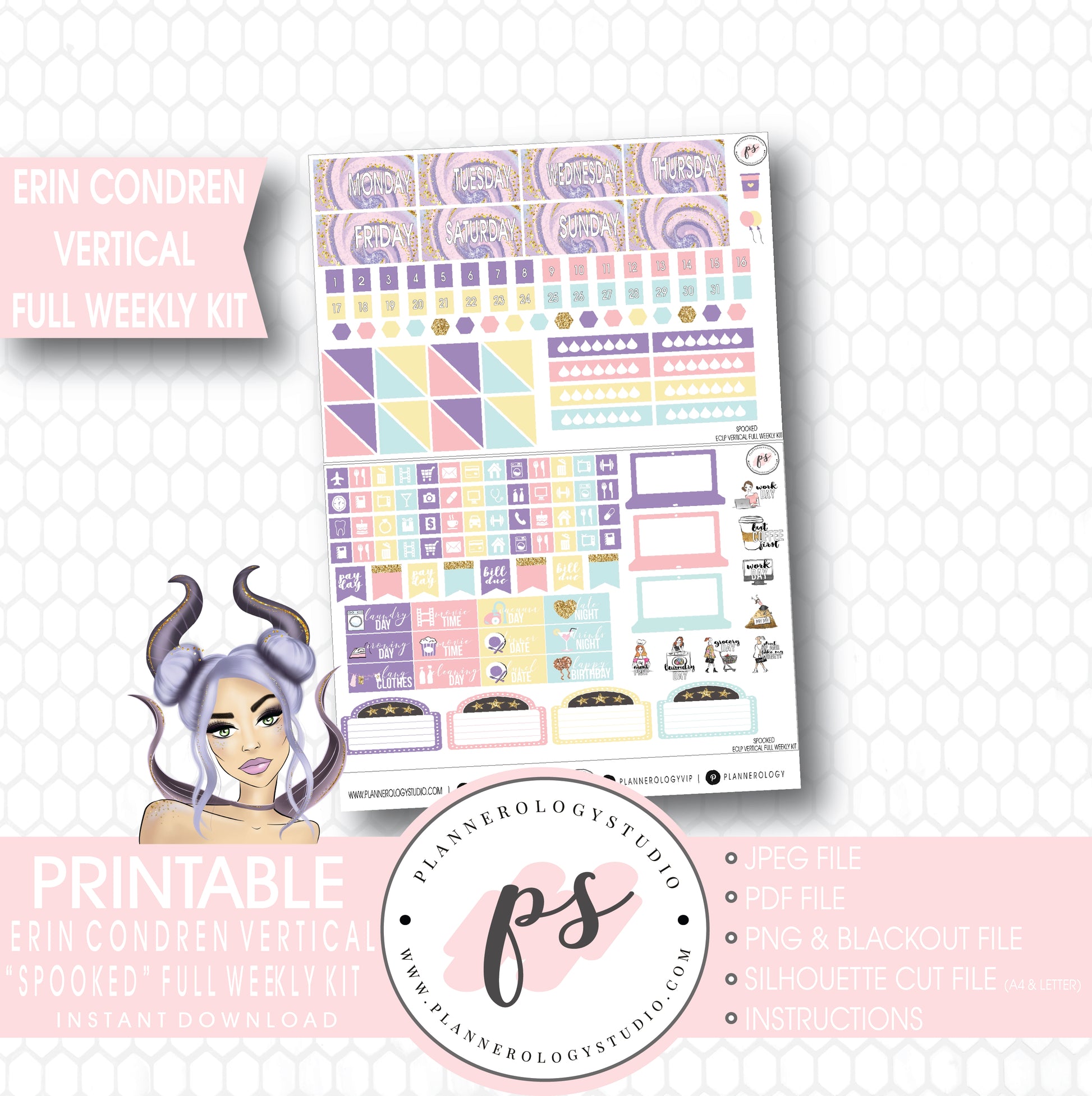 Spooked Halloween Full Weekly Kit Printable Planner Stickers (for use with Erin Condren Vertical) - Plannerologystudio