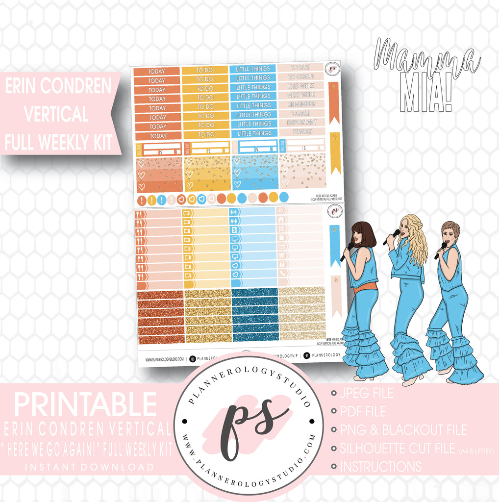 Here We Go Again! Mamma Mia Full Weekly Kit Printable Planner Stickers (for use with Erin Condren Vertical) - Plannerologystudio