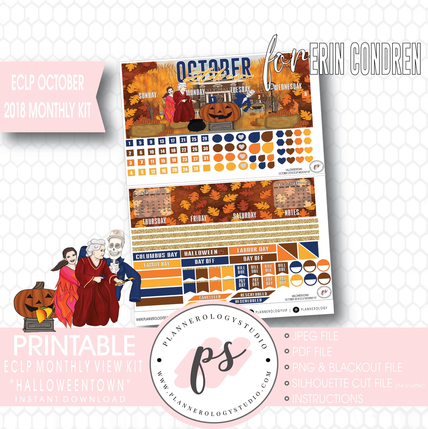 Halloweentown October 2018 Halloween Monthly View Kit Printable Planner Stickers (for use with Erin Condren) - Plannerologystudio