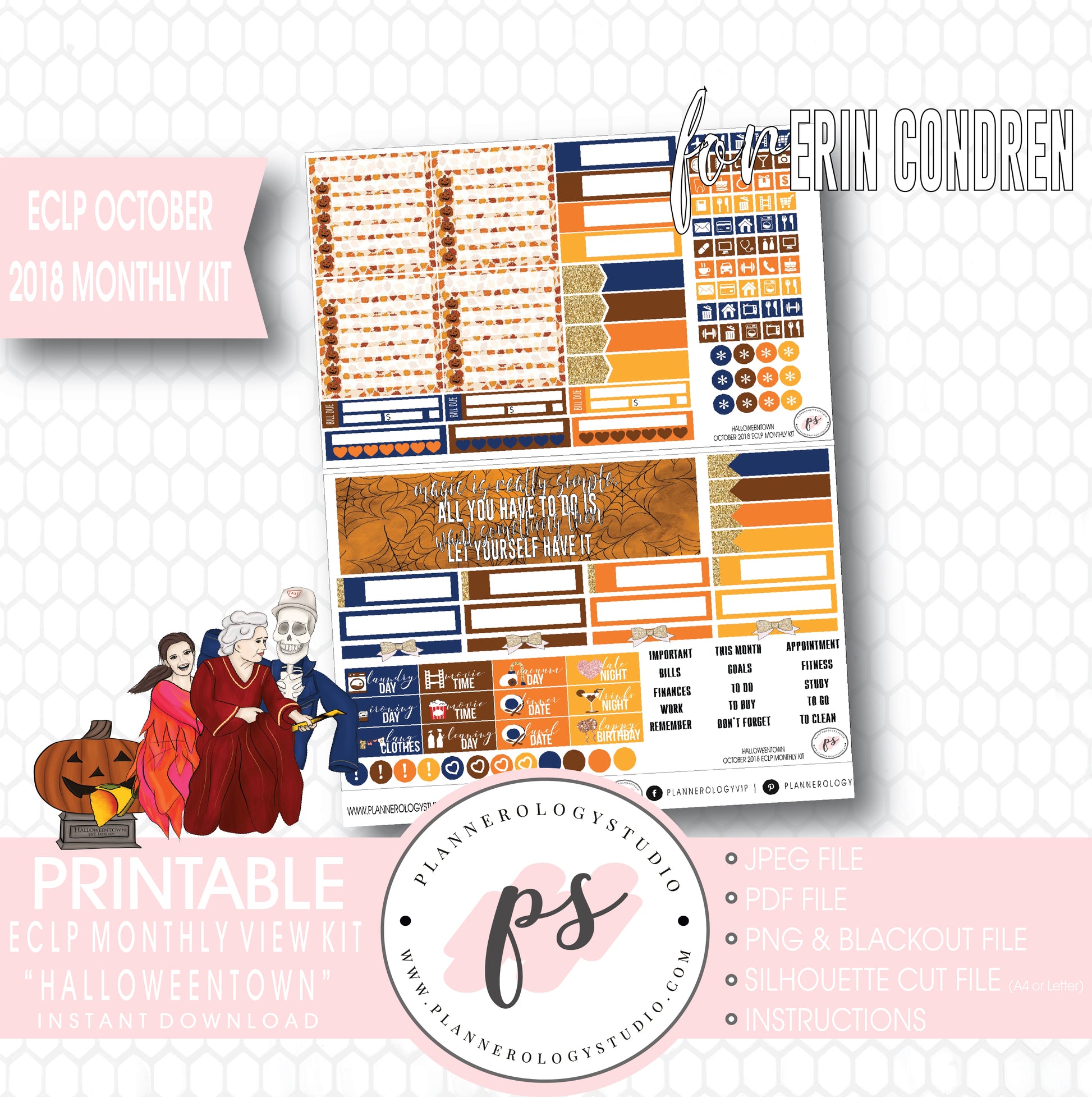 Halloweentown October 2018 Halloween Monthly View Kit Printable Planner Stickers (for use with Erin Condren) - Plannerologystudio
