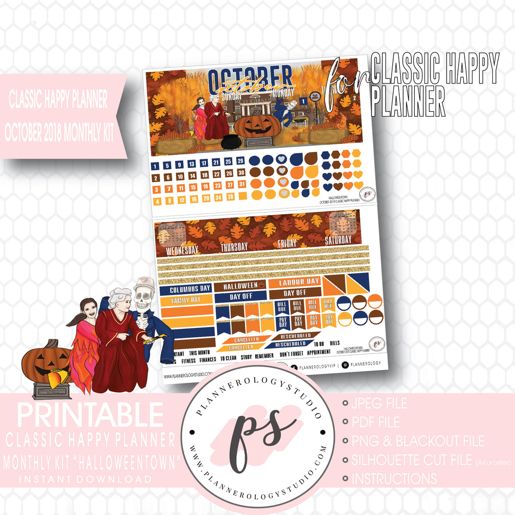 Halloweentown October 2018 Halloween Monthly View Kit Printable Planner Stickers (for use with Classic Happy Planner) - Plannerologystudio