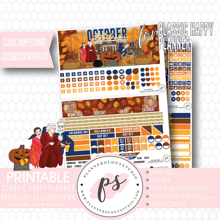 Halloweentown October 2018 Halloween Monthly View Kit Printable Planner Stickers (for use with Classic Happy Planner) - Plannerologystudio