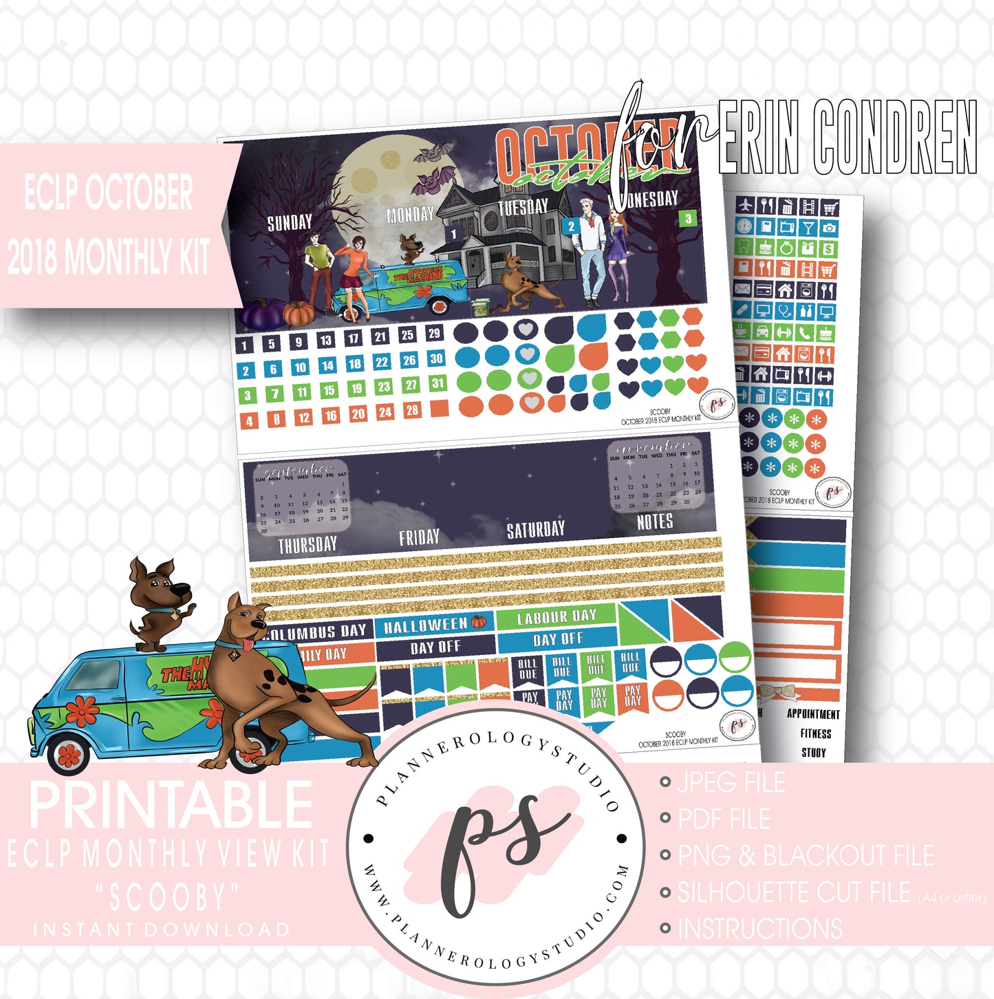 Scooby Halloween October 2018 Halloween Monthly View Kit Printable Planner Stickers (for use with Erin Condren) - Plannerologystudio