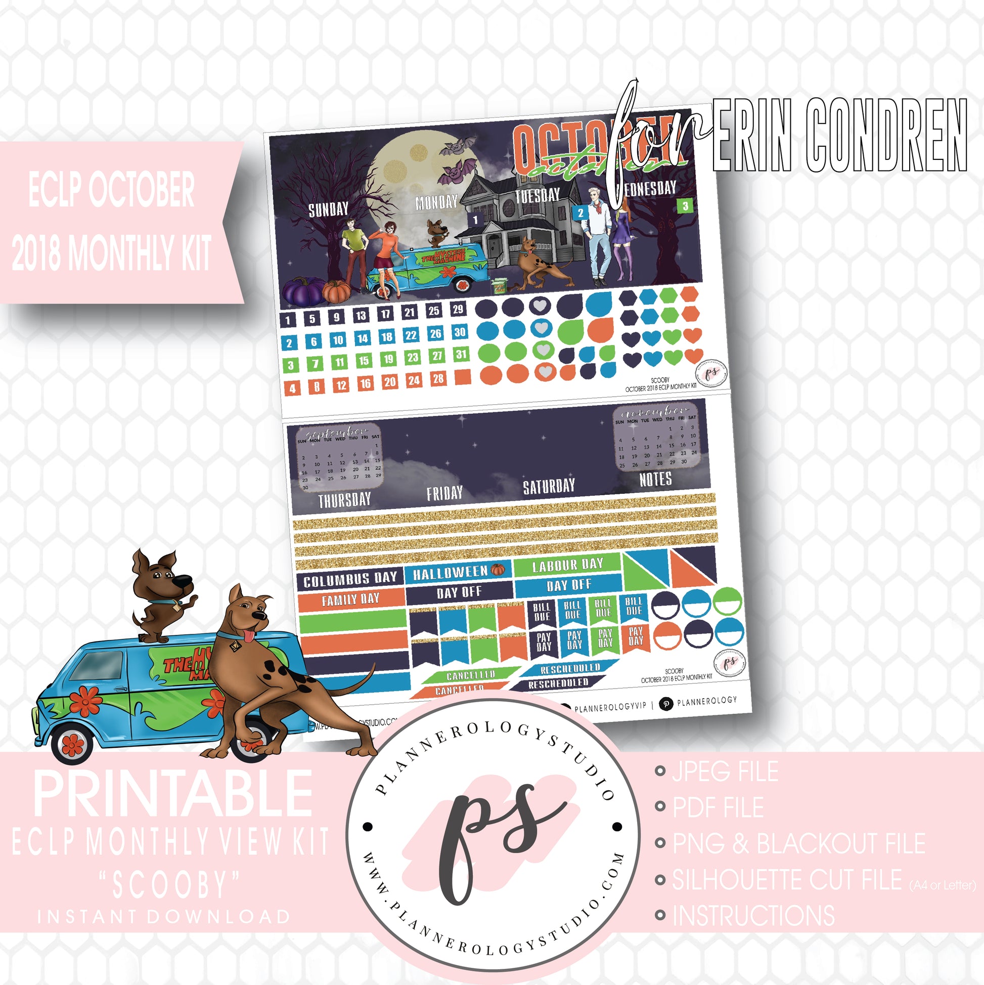 Scooby Halloween October 2018 Halloween Monthly View Kit Printable Planner Stickers (for use with Erin Condren) - Plannerologystudio