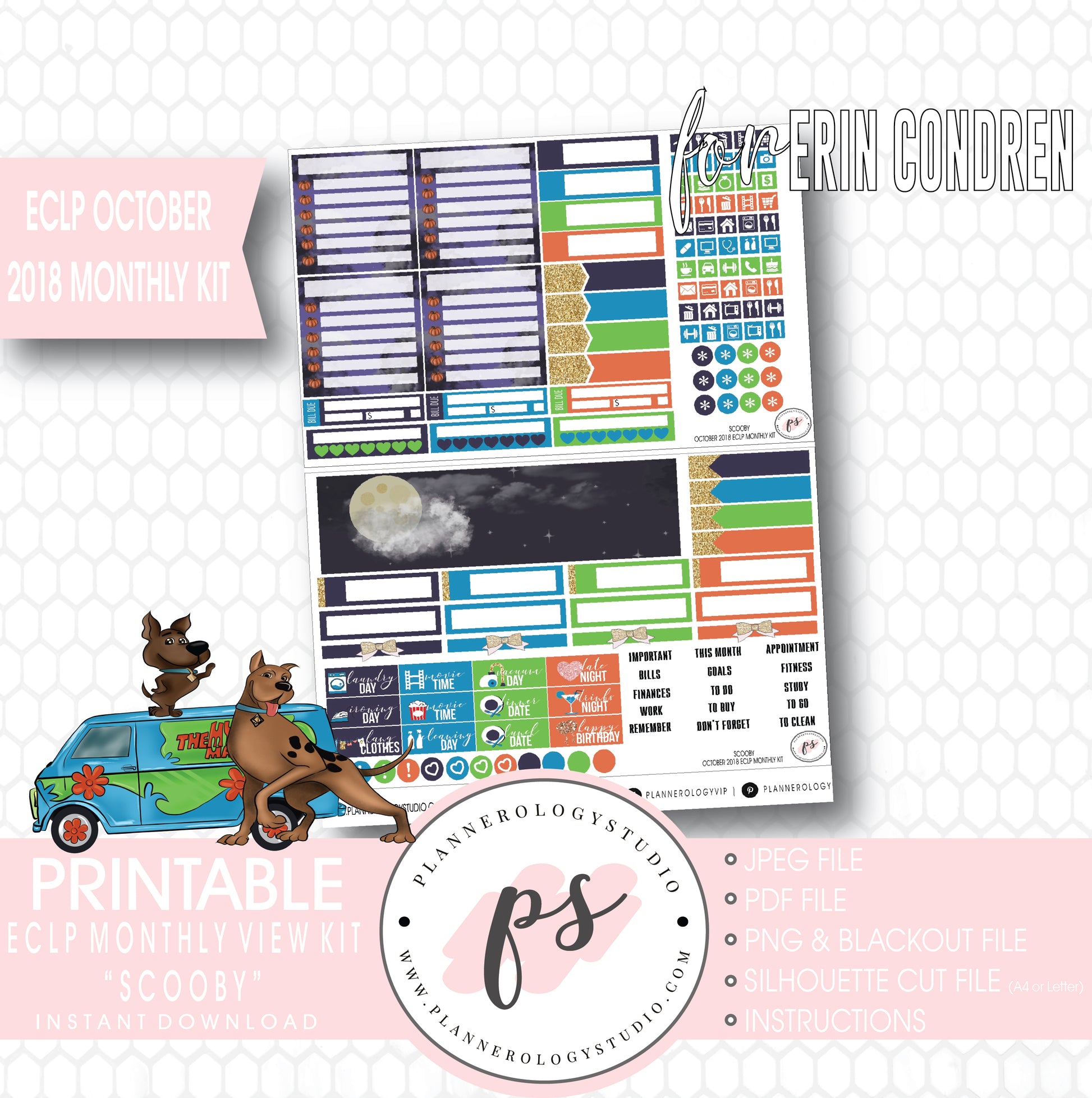 Scooby Halloween October 2018 Halloween Monthly View Kit Printable Planner Stickers (for use with Erin Condren) - Plannerologystudio