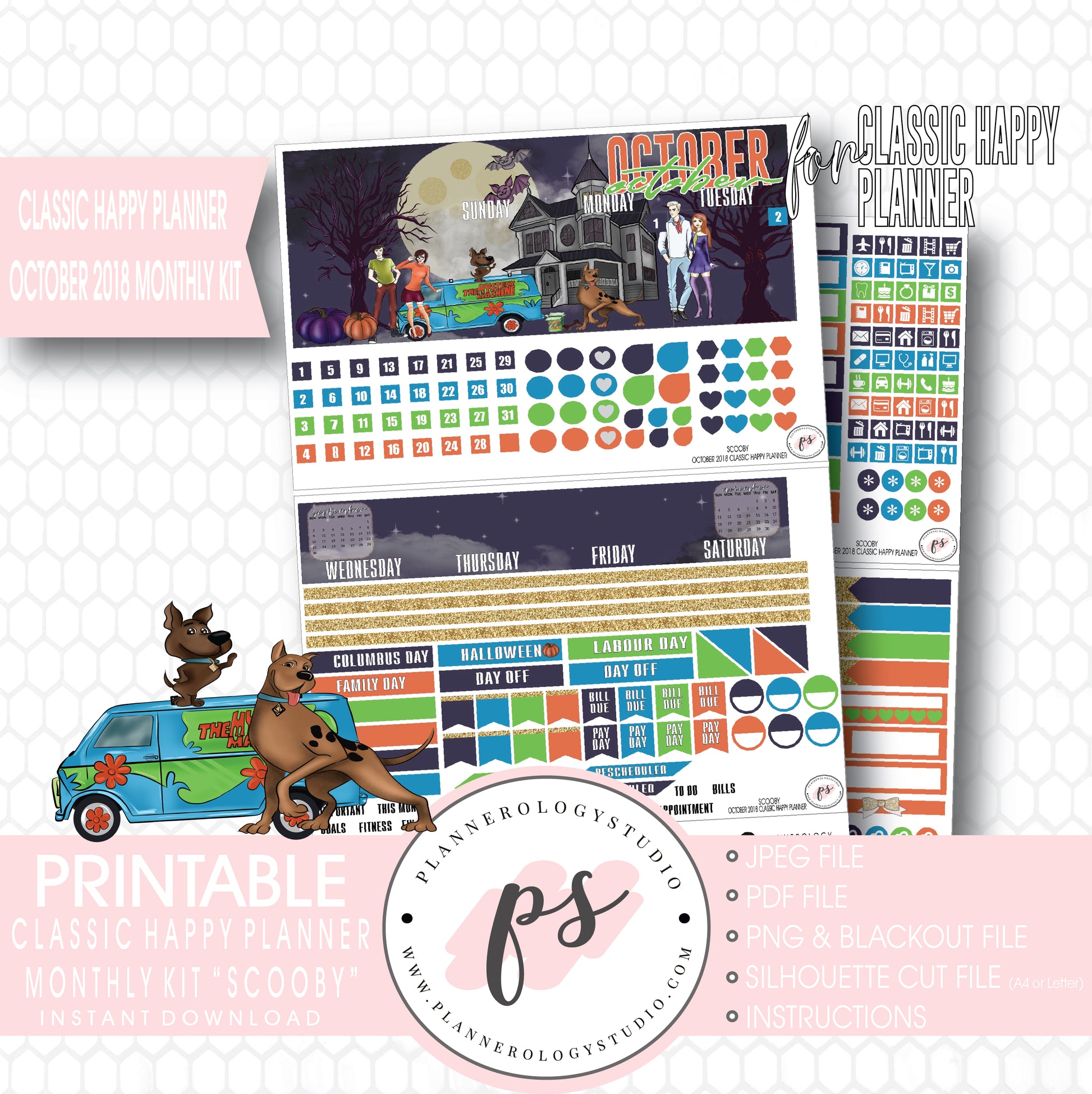 Scooby Halloween October 2018 Halloween Monthly View Kit Printable Planner Stickers (for use with Classic Happy Planner) - Plannerologystudio