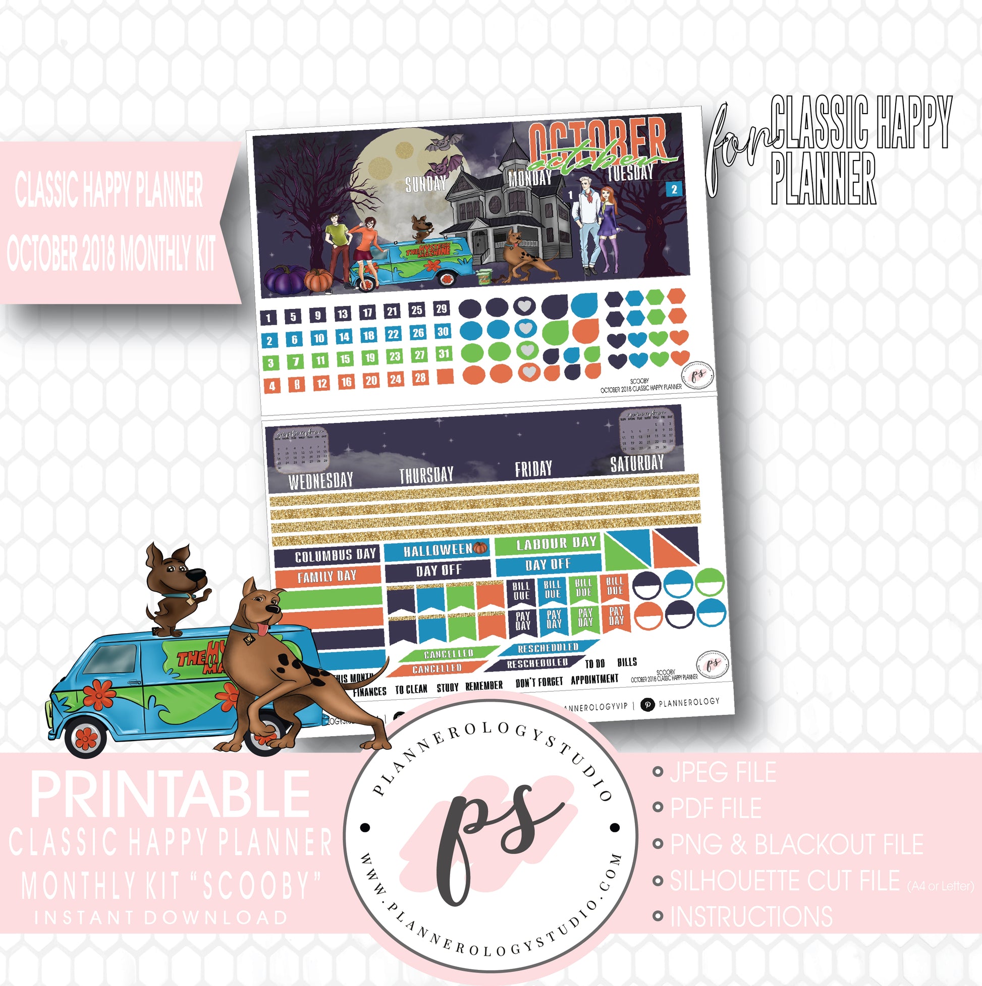 Scooby Halloween October 2018 Halloween Monthly View Kit Printable Planner Stickers (for use with Classic Happy Planner) - Plannerologystudio