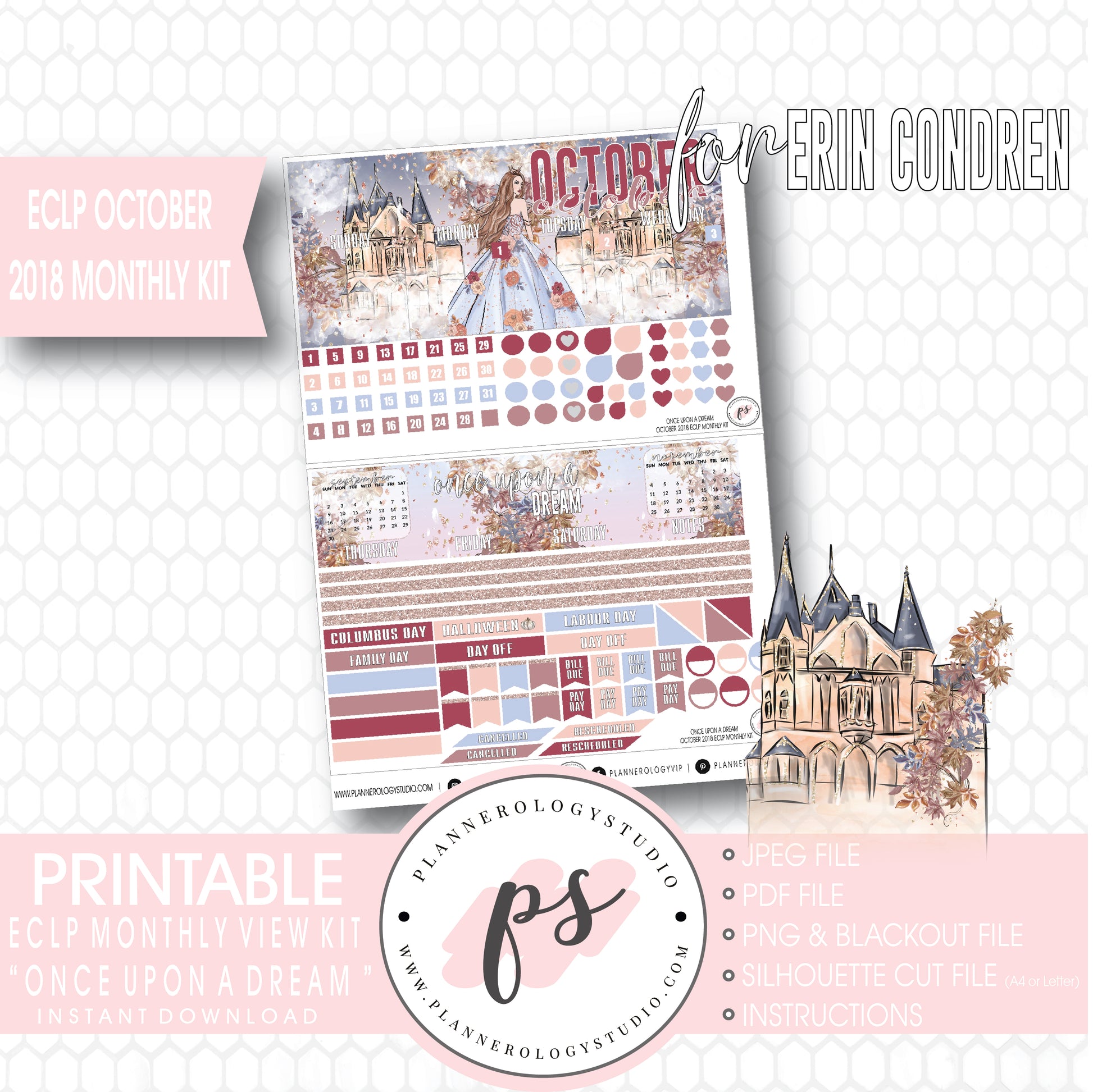 Once Upon a Dream October 2018 Monthly View Kit Digital Printable Planner Stickers (for use with Erin Condren) - Plannerologystudio