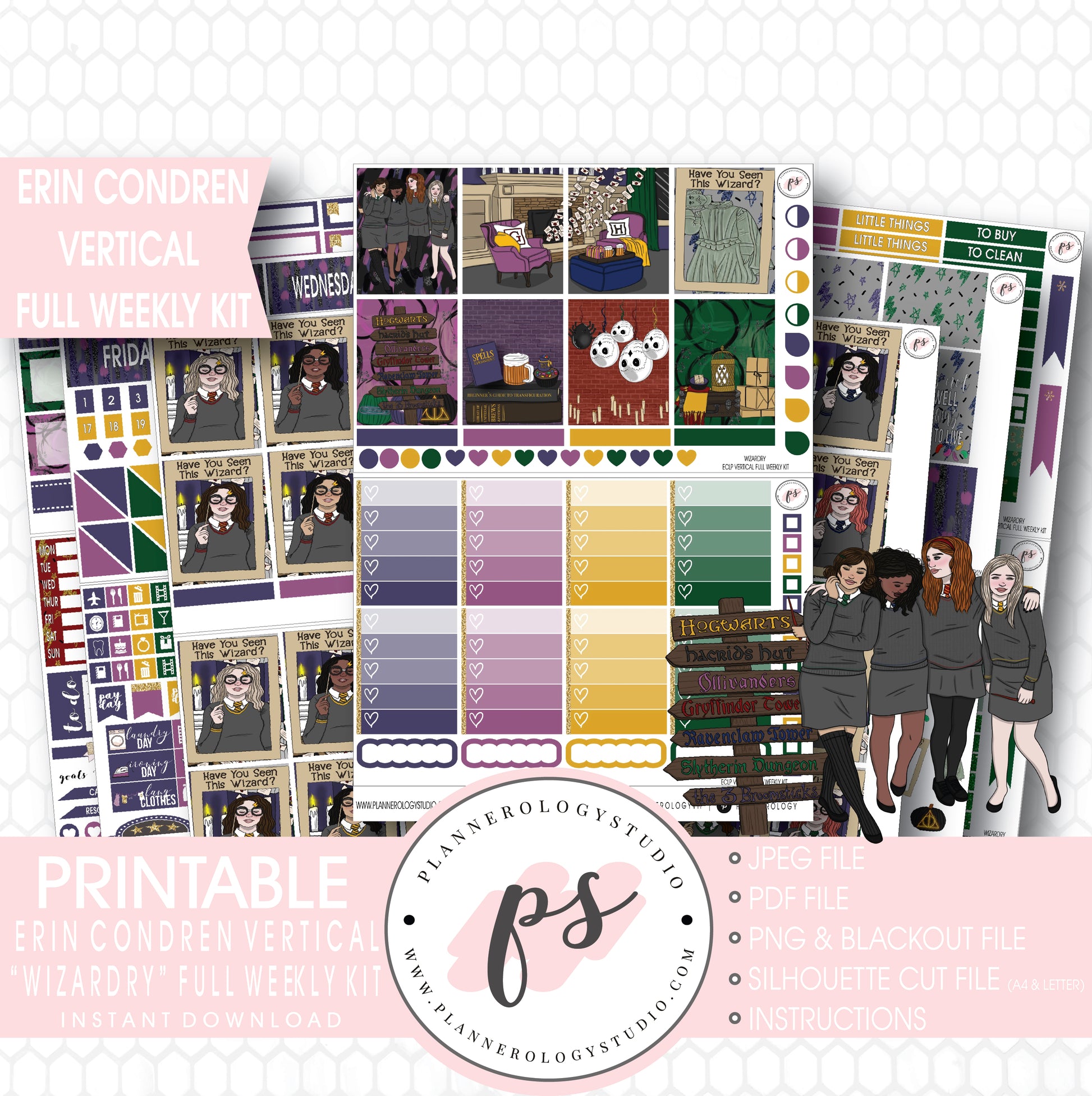 Wizardry (Harry Potter) Halloween Full Weekly Kit Printable Planner Digital Stickers (for use with Erin Condren Vertical) - Plannerologystudio