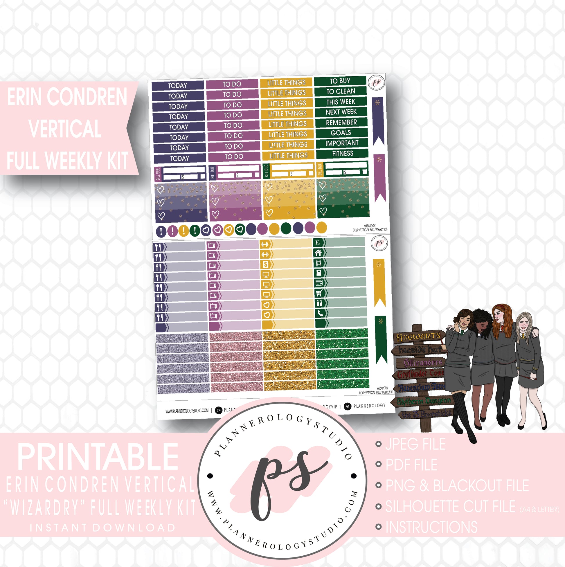 Wizardry (Harry Potter) Halloween Full Weekly Kit Printable Planner Digital Stickers (for use with Erin Condren Vertical) - Plannerologystudio