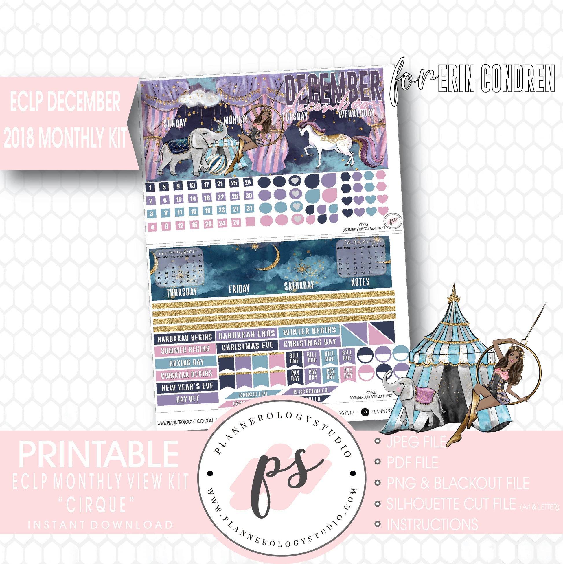 Cirque (Dark Skin Tone) December 2018 Monthly View Kit Digital Printable Planner Stickers (for use with Erin Condren) - Plannerologystudio