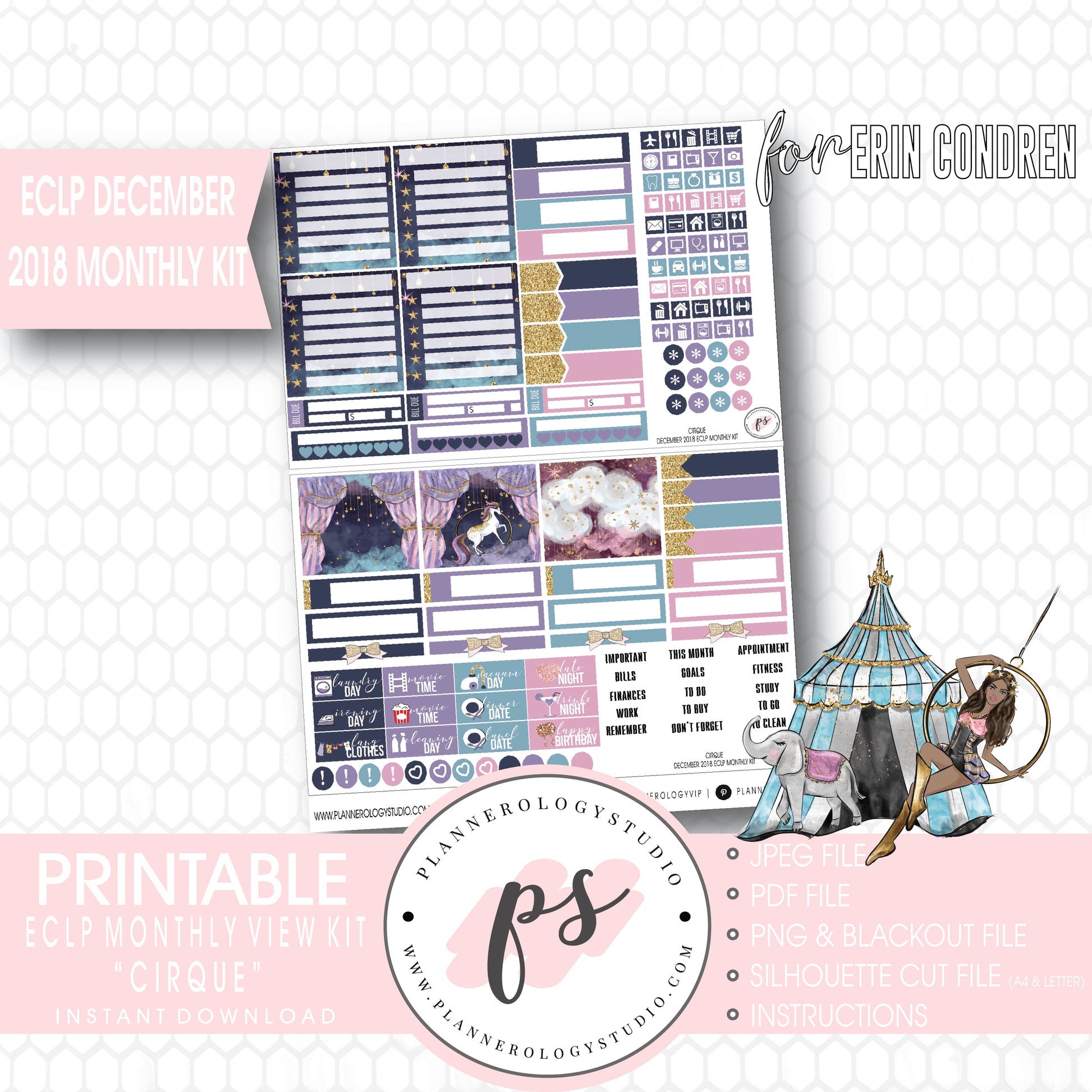 Cirque (Dark Skin Tone) December 2018 Monthly View Kit Digital Printable Planner Stickers (for use with Erin Condren) - Plannerologystudio