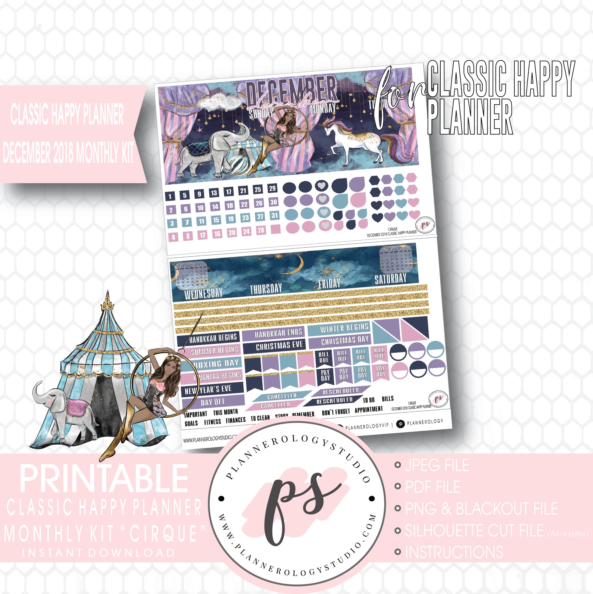 Cirque (Dark Skin Tone) December 2018 Monthly View Kit Digital Printable Planner Stickers (for use with Classic Happy Planner) - Plannerologystudio