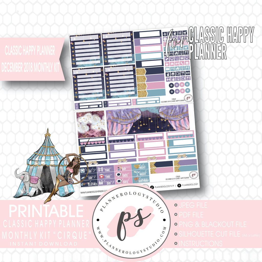 Cirque (Dark Skin Tone) December 2018 Monthly View Kit Digital Printable Planner Stickers (for use with Classic Happy Planner) - Plannerologystudio