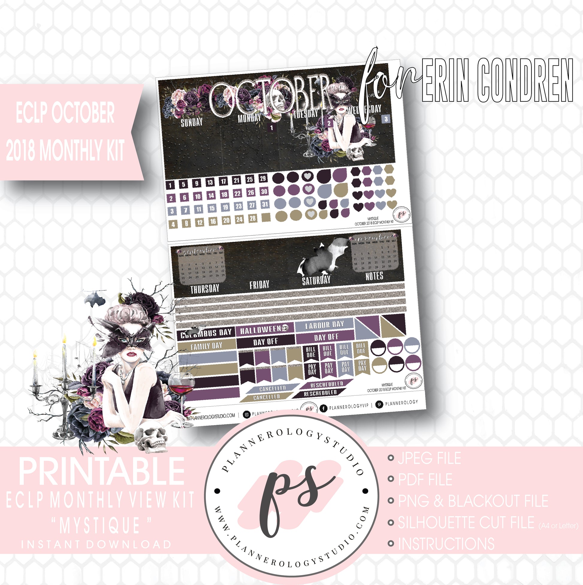Mystique October 2018 Halloween Monthly View Kit Printable Planner Stickers (for use with Erin Condren) - Plannerologystudio