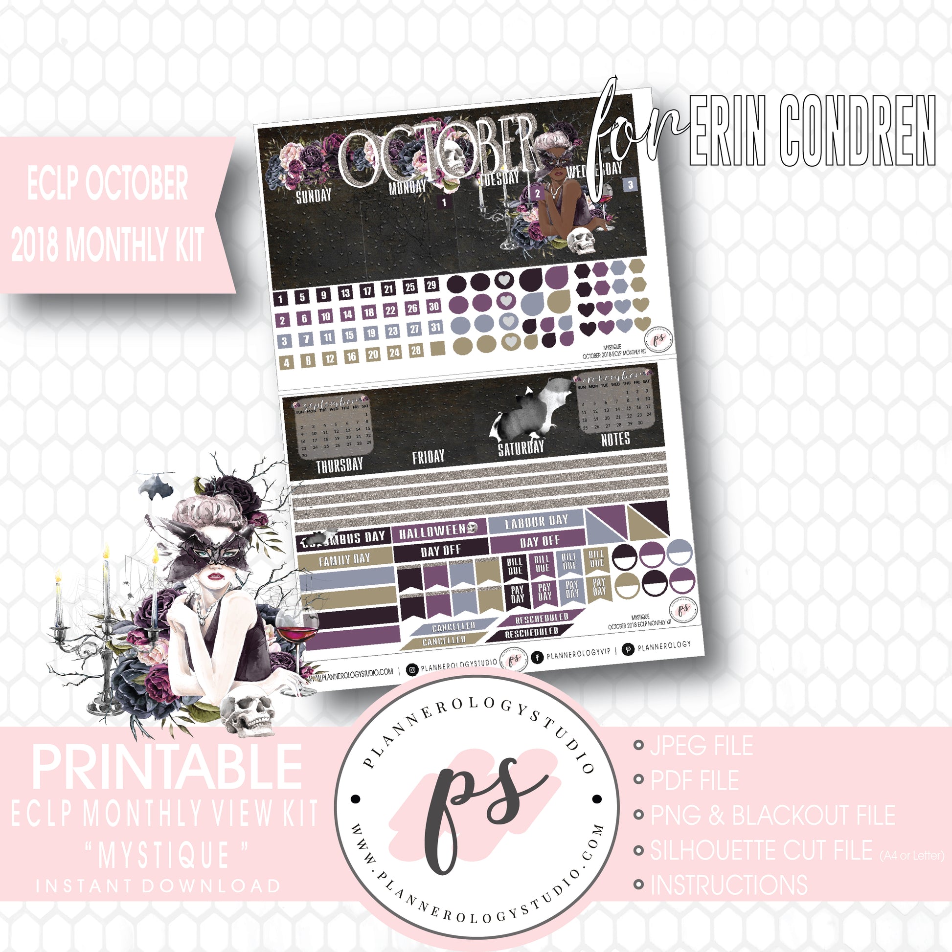Mystique October 2018 Halloween Monthly View Kit Printable Planner Stickers (for use with Erin Condren) - Plannerologystudio