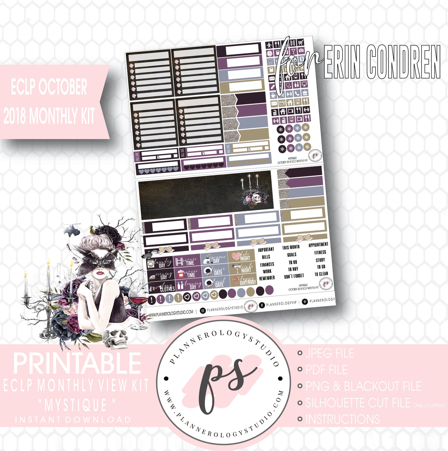 Mystique October 2018 Halloween Monthly View Kit Printable Planner Stickers (for use with Erin Condren) - Plannerologystudio
